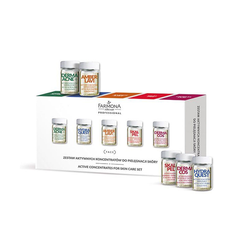 Farmona-setti sisältäen aktiivisia ihonhoitotiivisteitä (derma acne + * 2, hydra quest * 2, amber lavi * 2, scalpel * 2, dermacos * 2) 10 x 5 ml