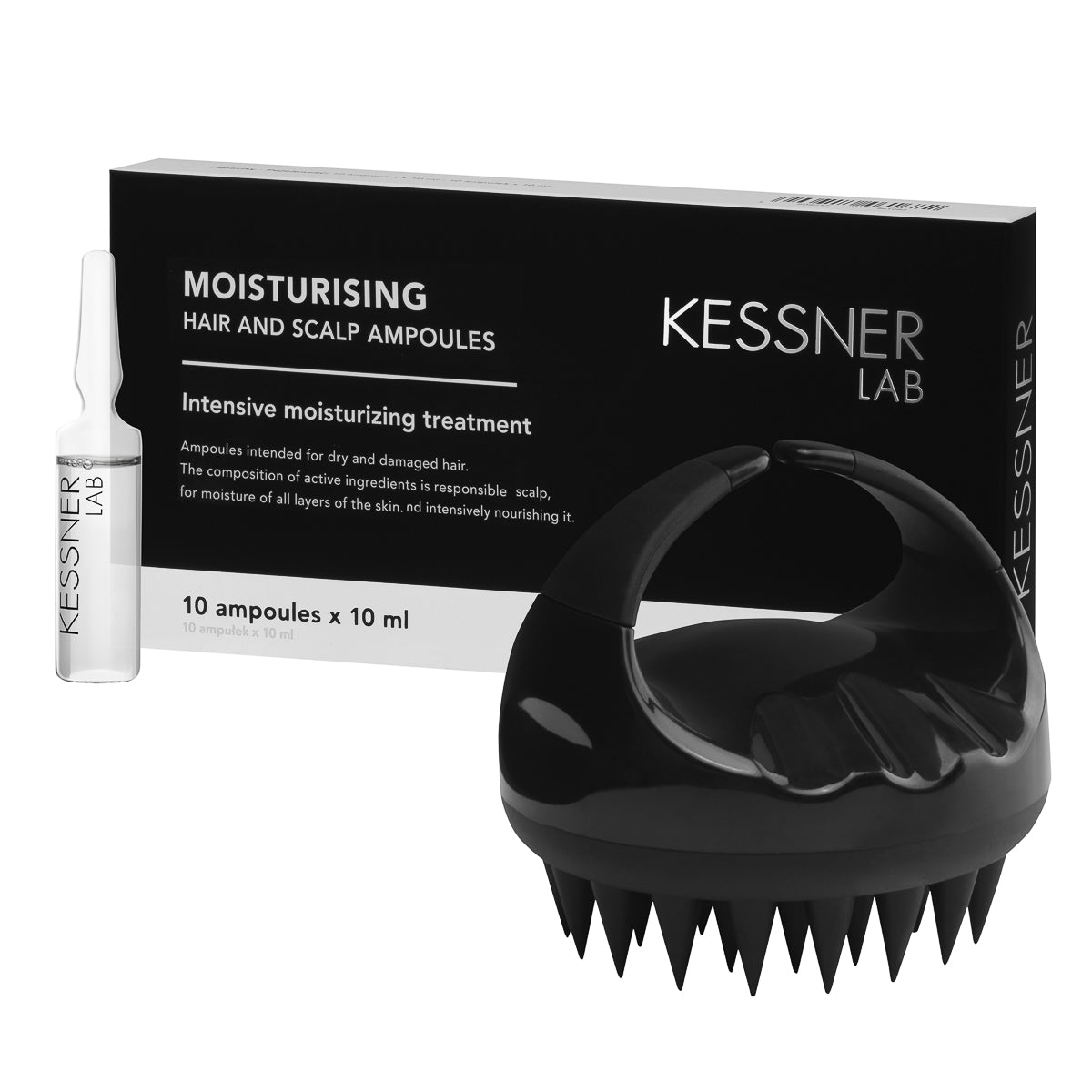 Premium päänhierontaharja ja Kessner Lab Moisturizing ampullit -setti