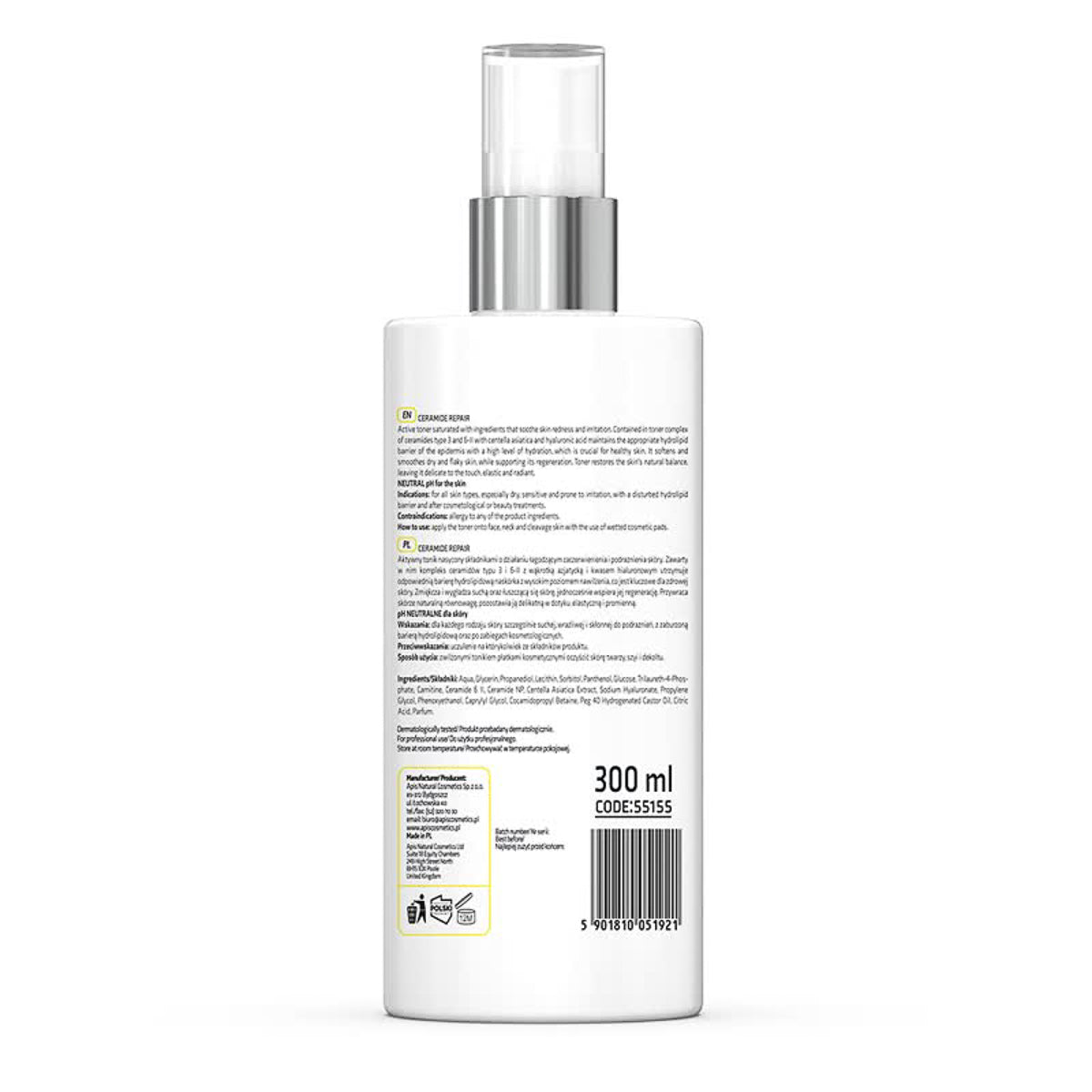 Apis CERAMIDE REPAIR Rauhoittava ja kosteuttava kasvovesi keramideilla ja Centella Asiaticalla 300 ml